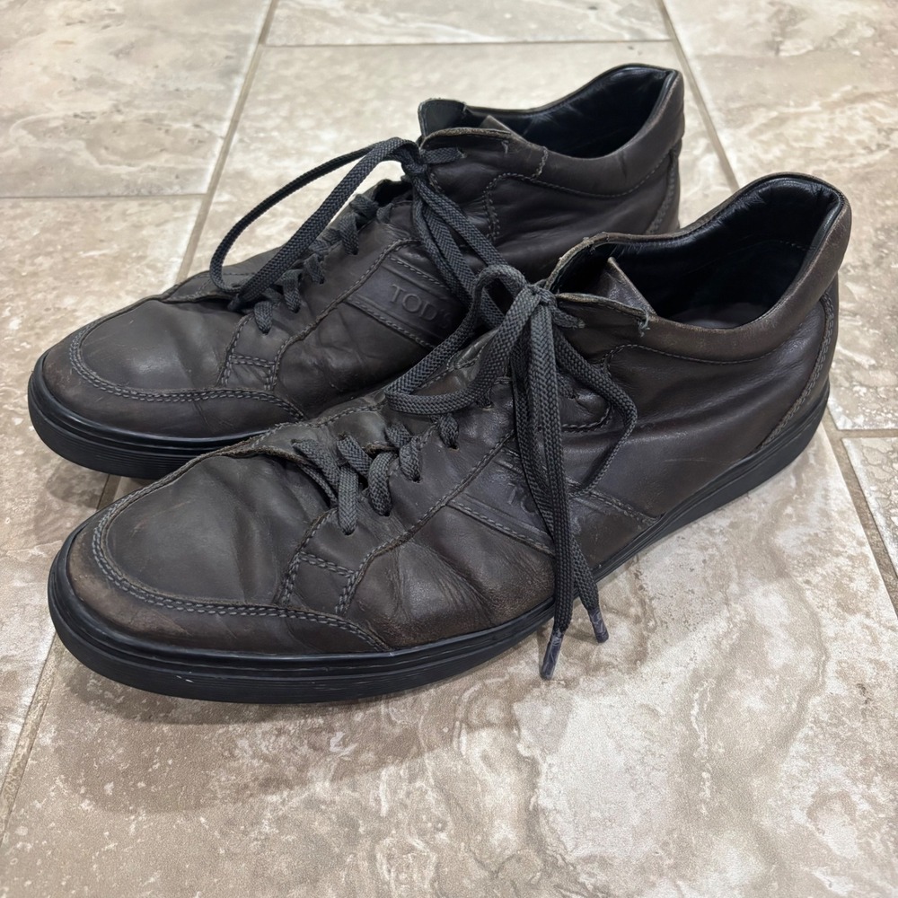Tods Mens Leather Low Top Sneakers Dark Brown Lace Up Size 10 Made in Italy